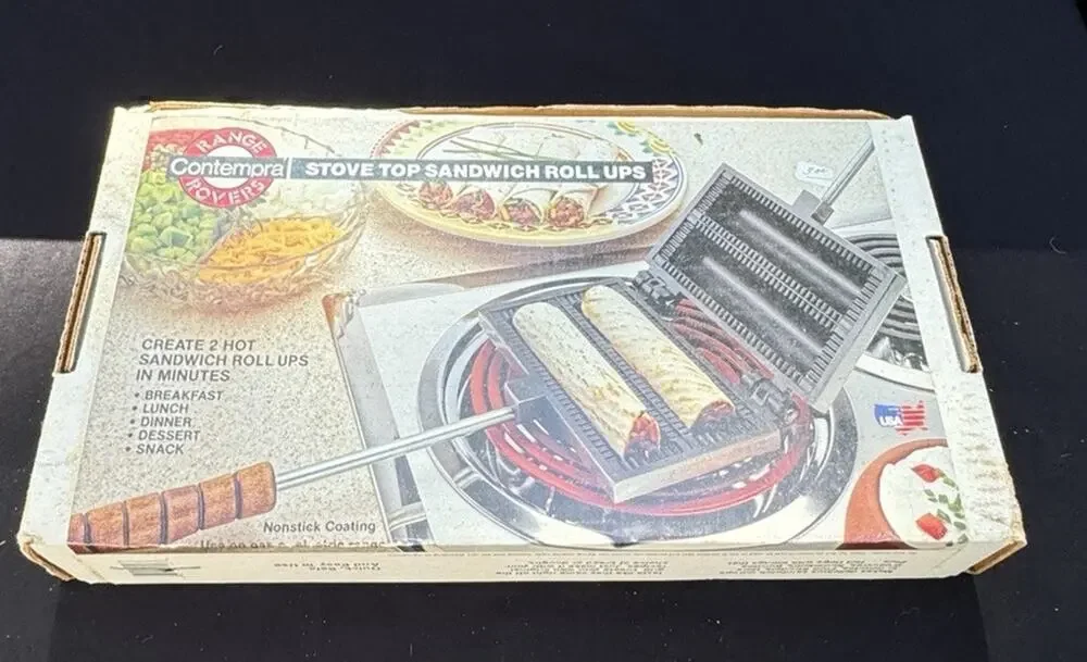 Vintage CONTEMPRA STOVE TOP SANDWICH ROLL UP Maker In Original Box